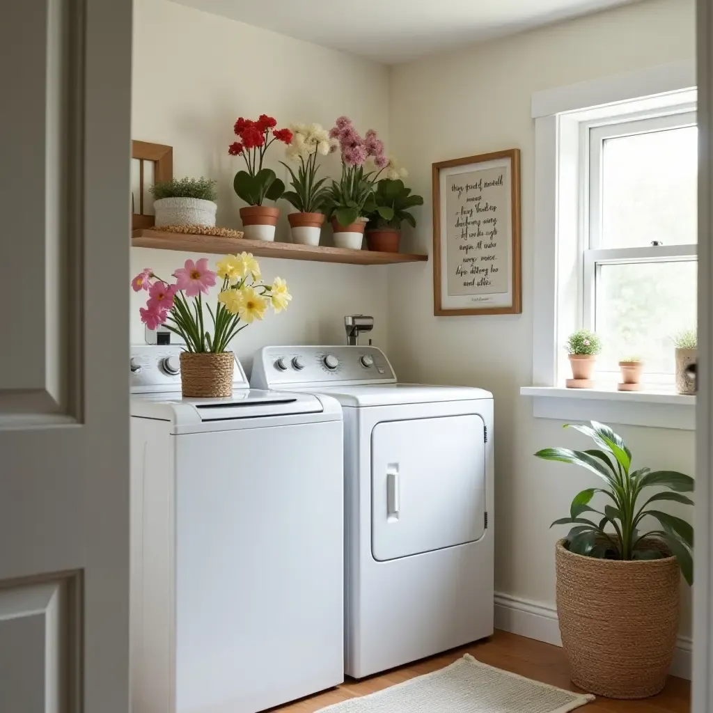 a photo of a basement laundry room with cheerful potted flowers