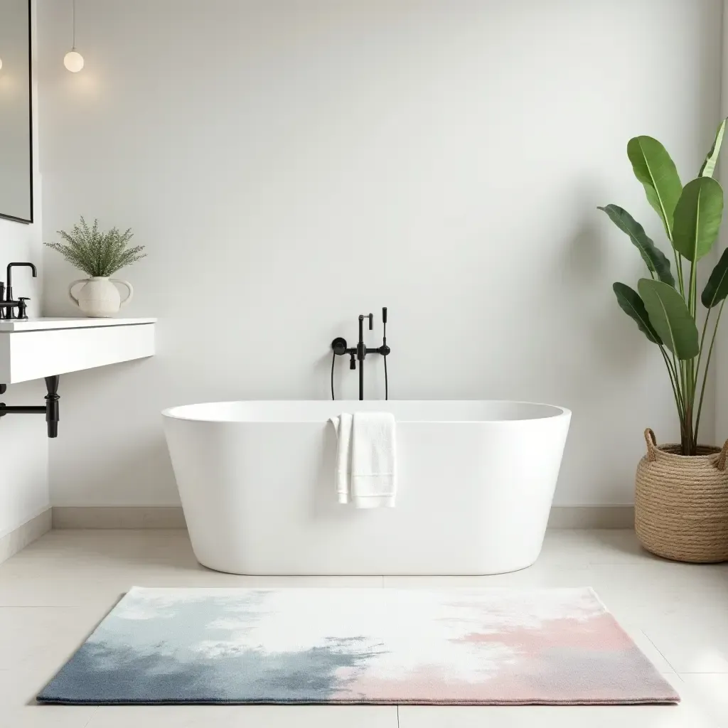 a photo of a serene watercolor rug in a calming bathroom