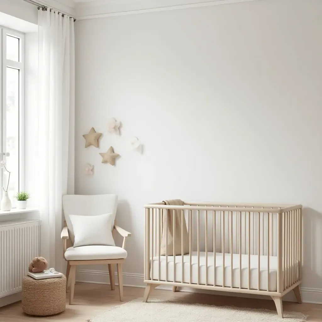 a photo of a cozy nursery with a minimalist aesthetic and functional furniture