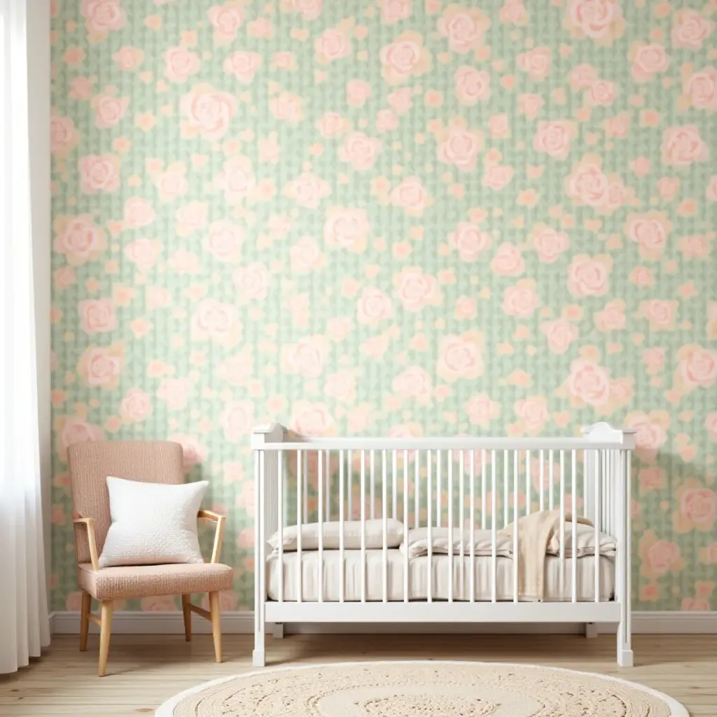 a photo of pastel-colored floral wallpaper in a vintage nursery