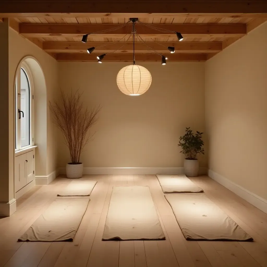 a photo of a serene basement yoga space with soft pendant lighting