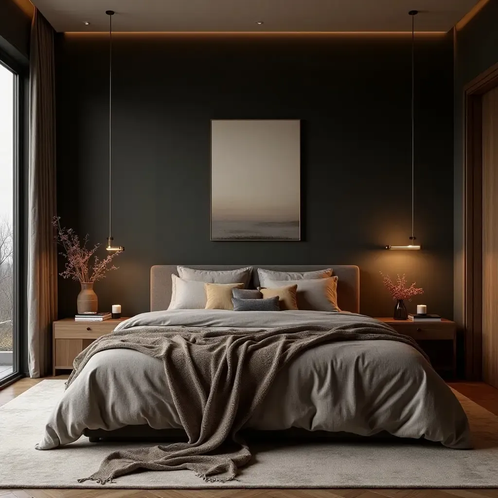 a photo of a cozy master bedroom with layered textiles and dark tones