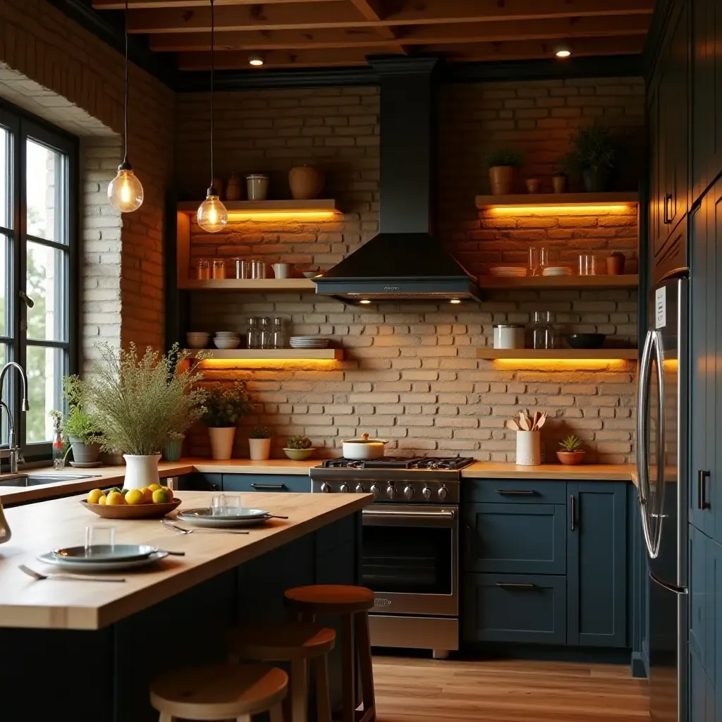 a photo of a rustic kitchen with wooden shelves and warm, ambient lighting