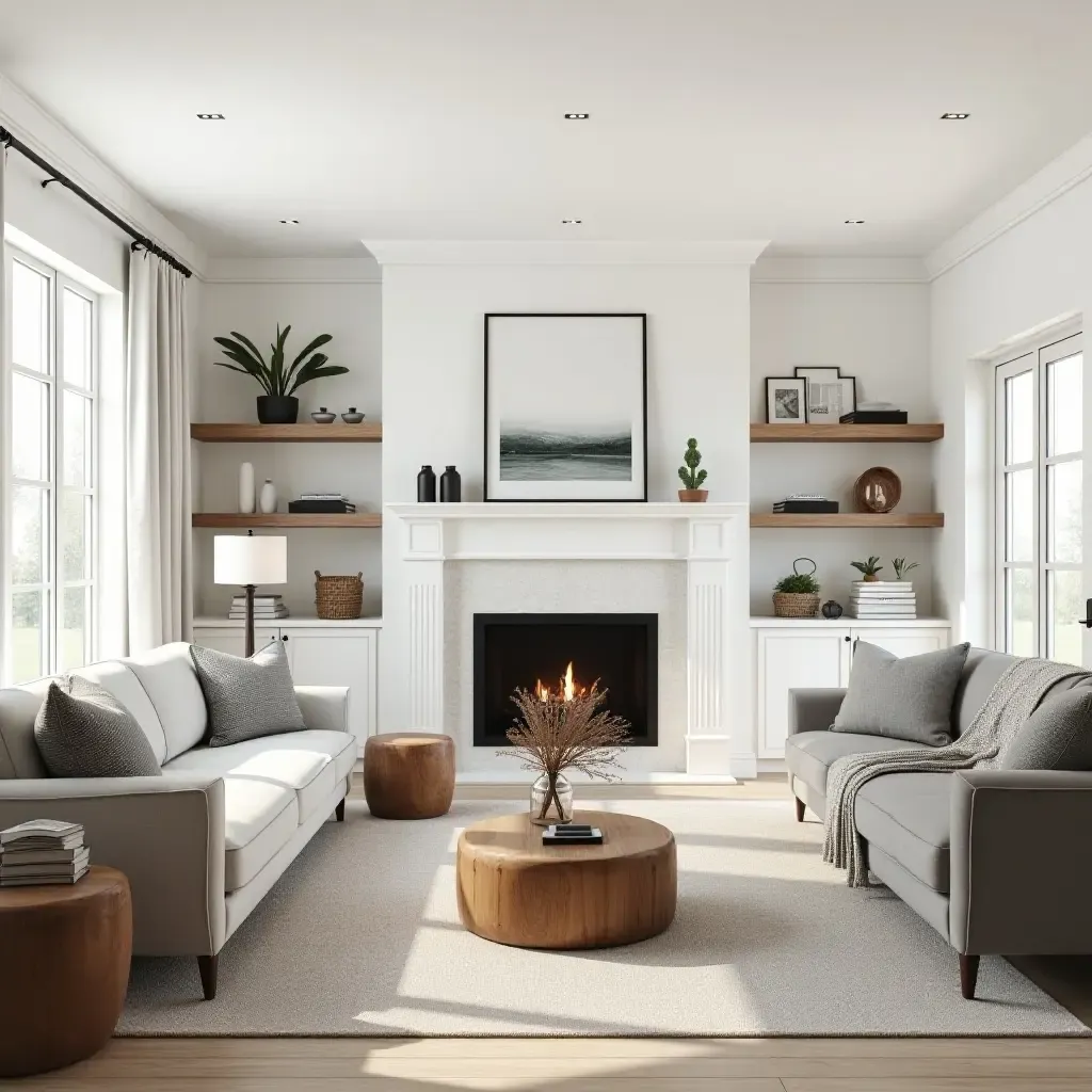 a photo of a living room with a blend of modern and traditional farmhouse decor