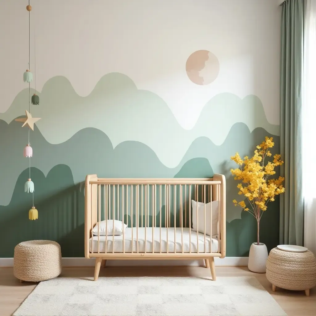 a photo of a nursery featuring a nature-themed mural and wooden accents