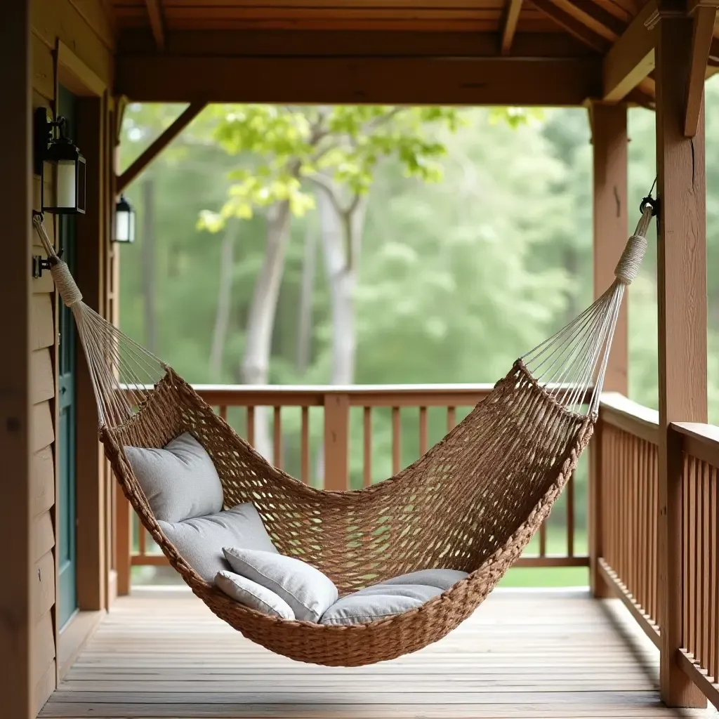 a photo of a cheerful hammock strung between two posts on a porch