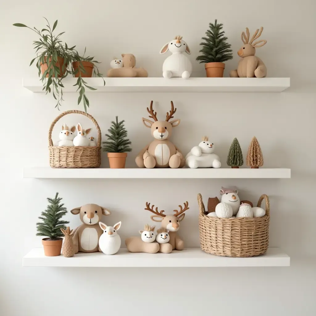 a photo of a nursery shelf filled with seasonal decorations and holiday themes