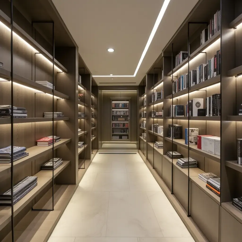 a photo of a modern library featuring silver shelves and elegant lighting