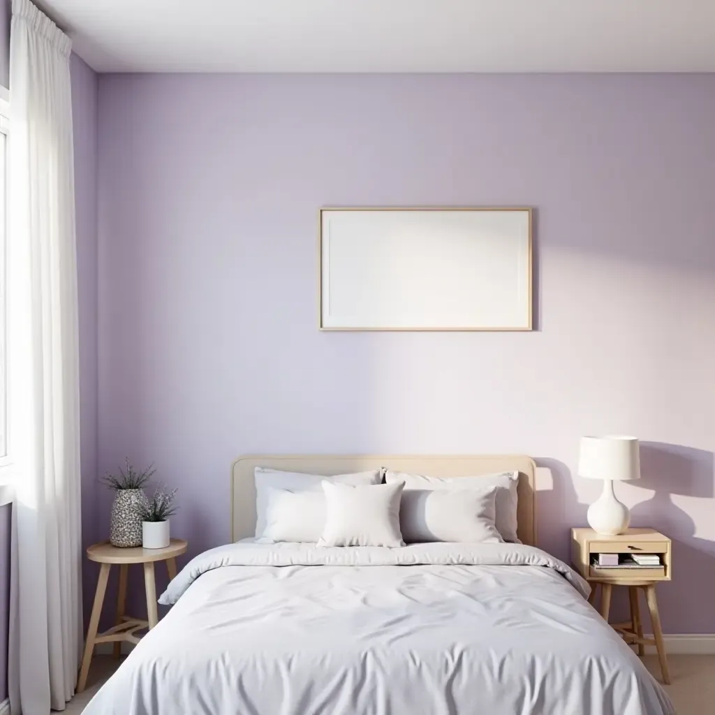 a photo of a soft lavender and gray teen bedroom