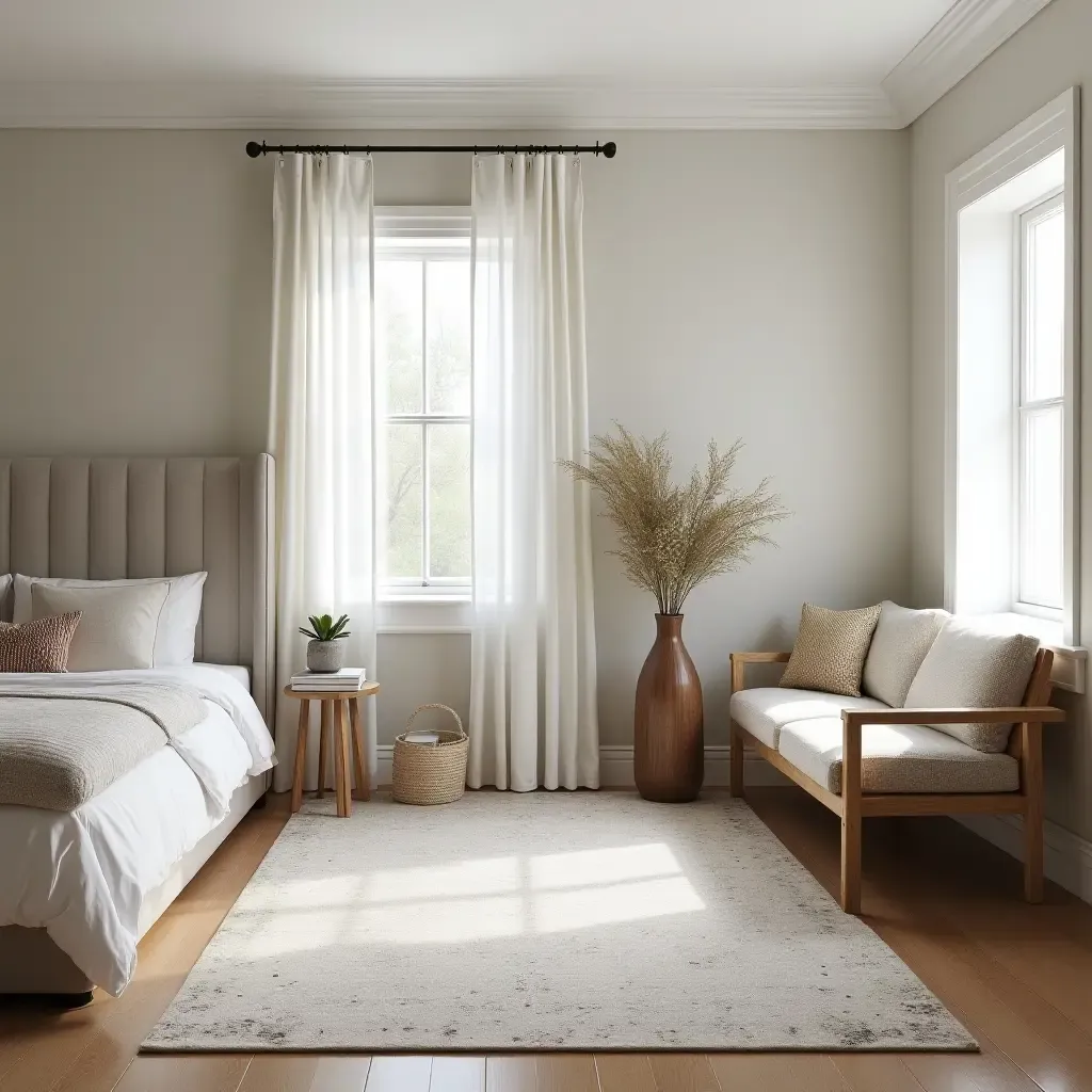 a photo of a farmhouse bedroom with a large area rug and comfortable seating