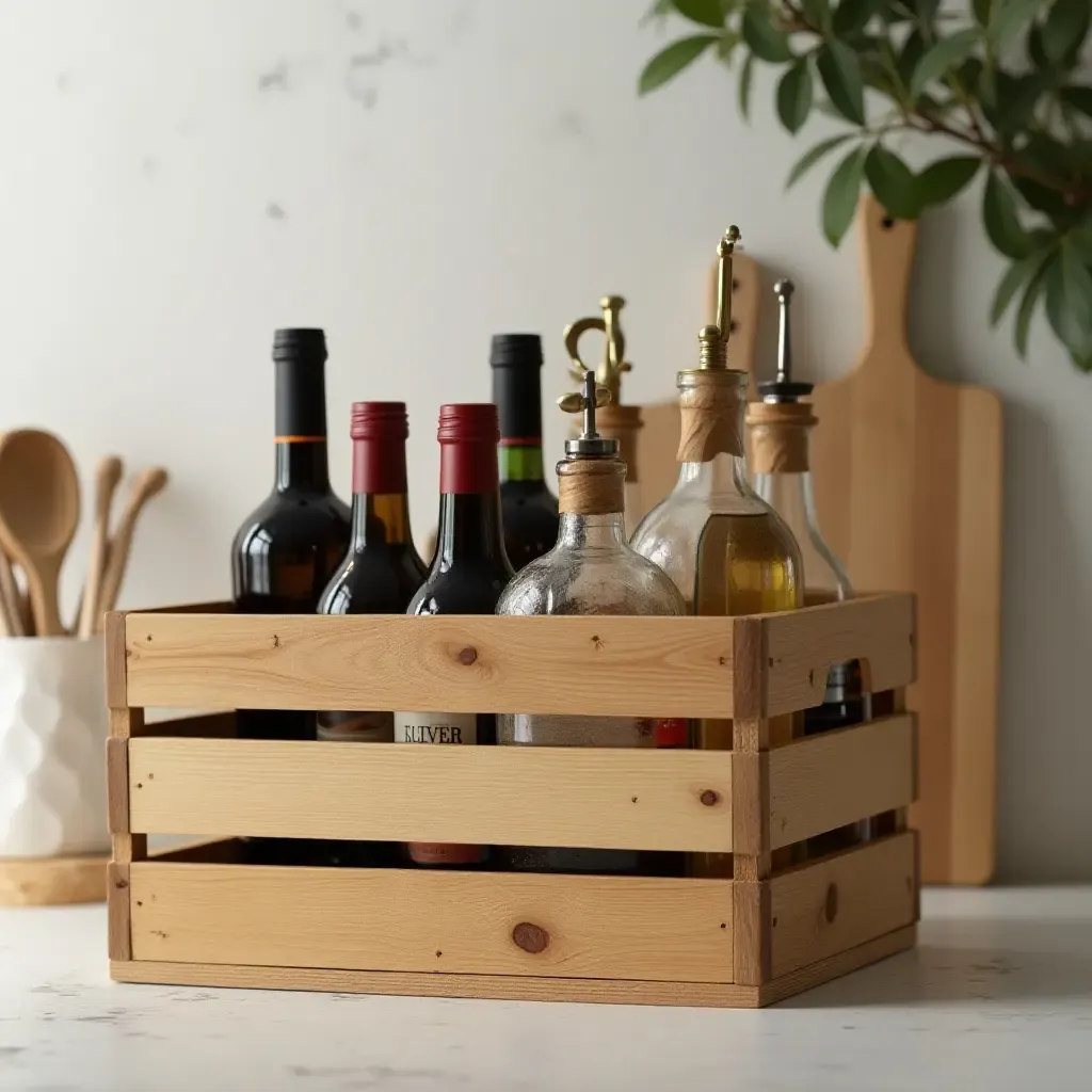 a photo of a wooden crate used for kitchen storage