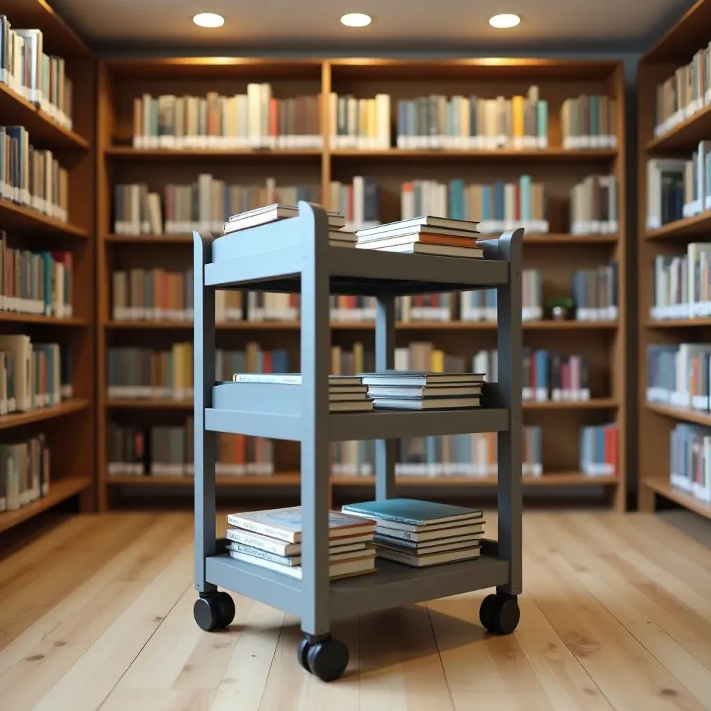 a photo of a functional library with a rolling cart for books