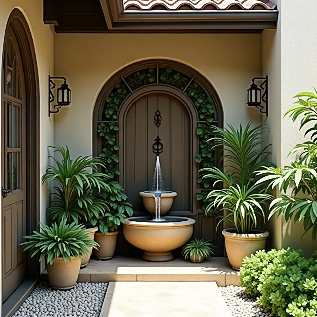 a photo of a delightful entryway featuring a small fountain with plants