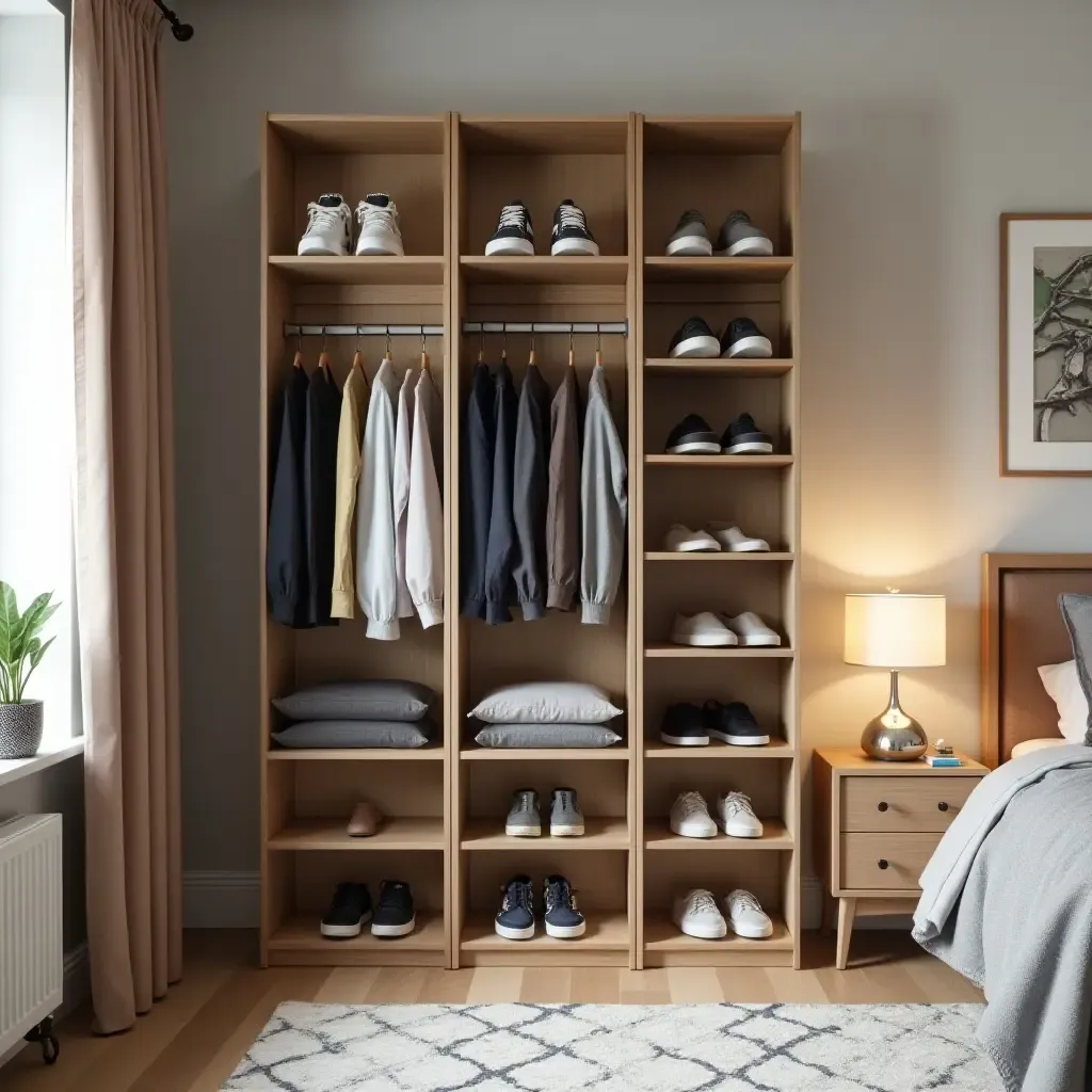 a photo of a teen bedroom featuring a stylish shoe organizer