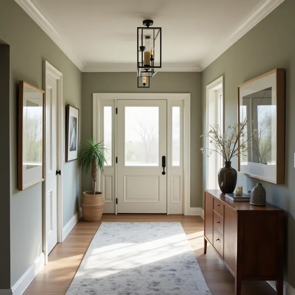 a photo of a well-lit entrance hall showcasing wall art and family photos