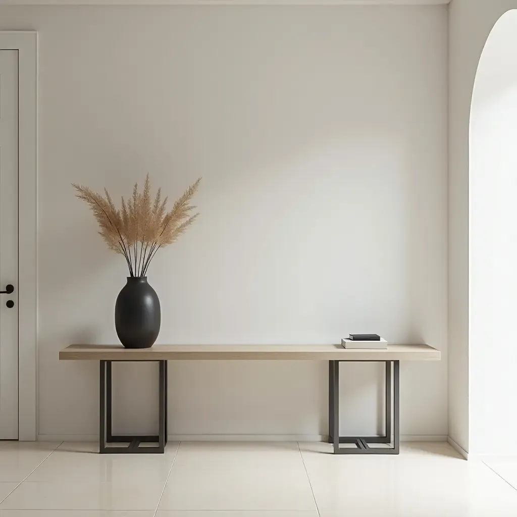 a photo of a minimalist entrance hall with a sleek console table