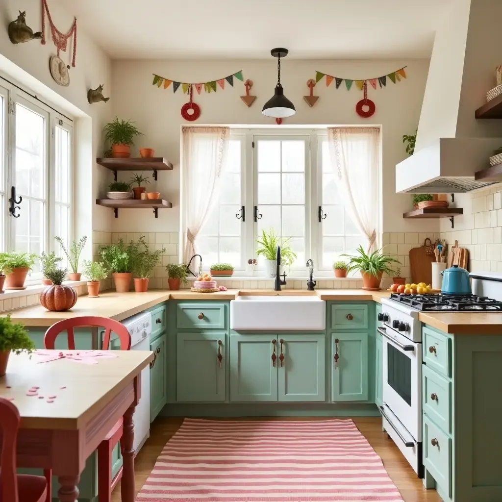 a photo of a playful boho kitchen with whimsical decor and cheerful accents