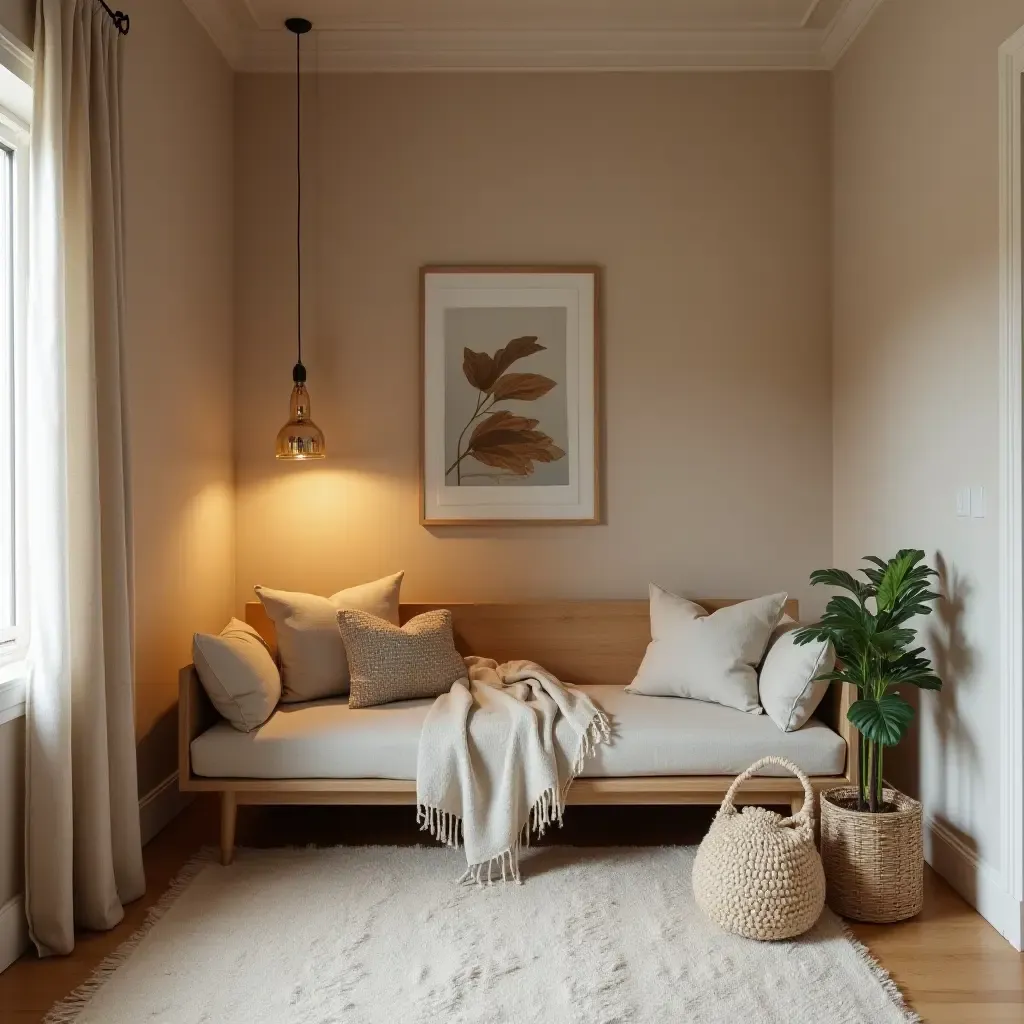 a photo of a cozy reading nook in a minimalist basement