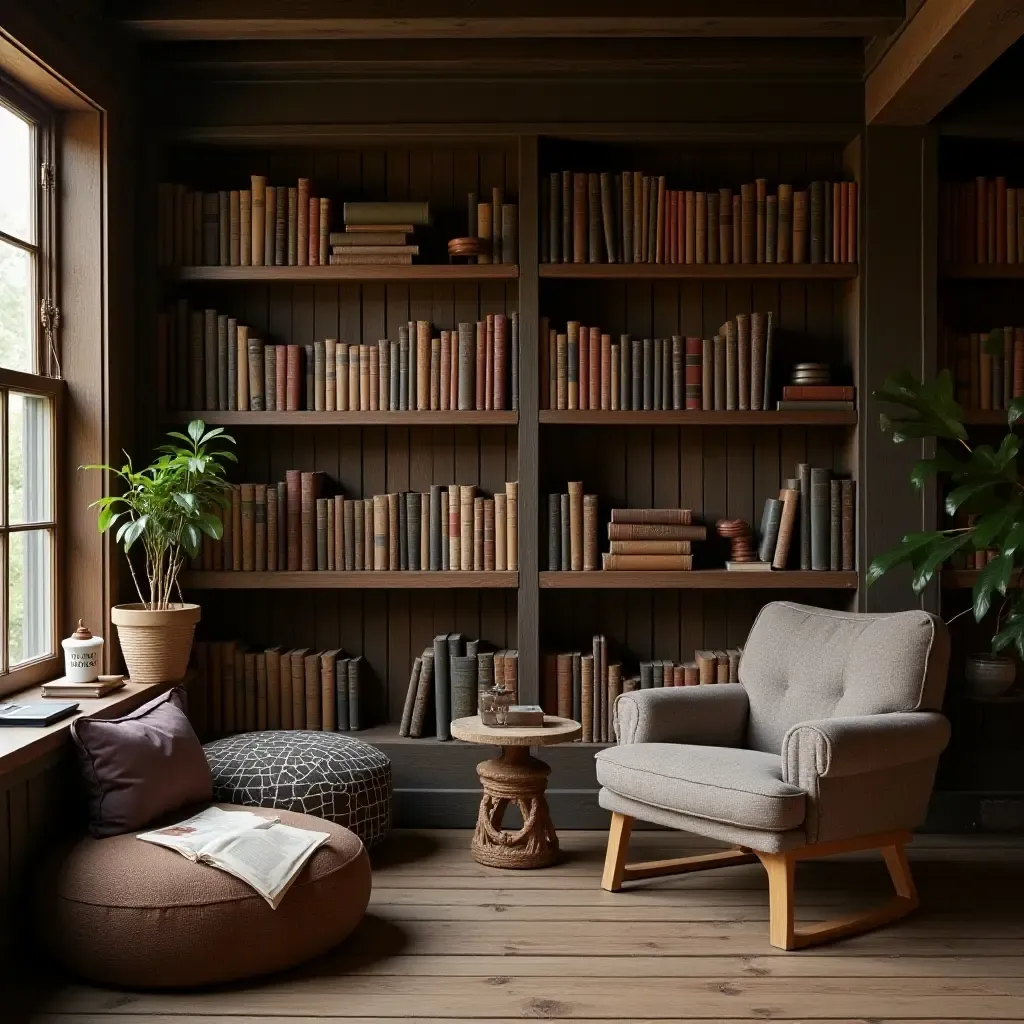 a photo of a cozy farmhouse library with rustic wooden shelves and vintage books