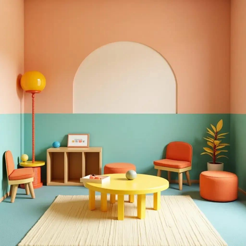 a photo of a cheerful orange and teal playroom with colorful furniture