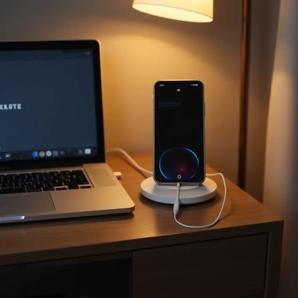 a photo of a nightstand setup with a laptop and charging station