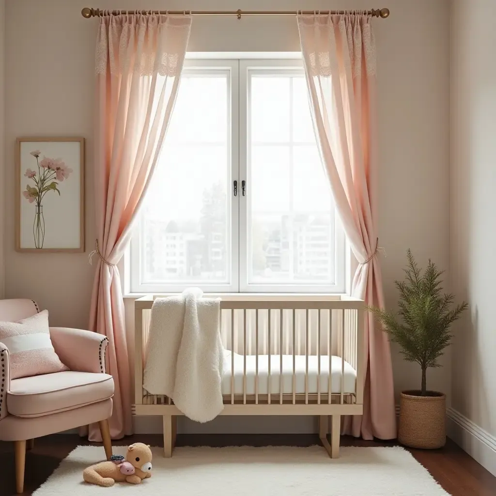 a photo of a nursery with a vintage glam theme and lace curtains