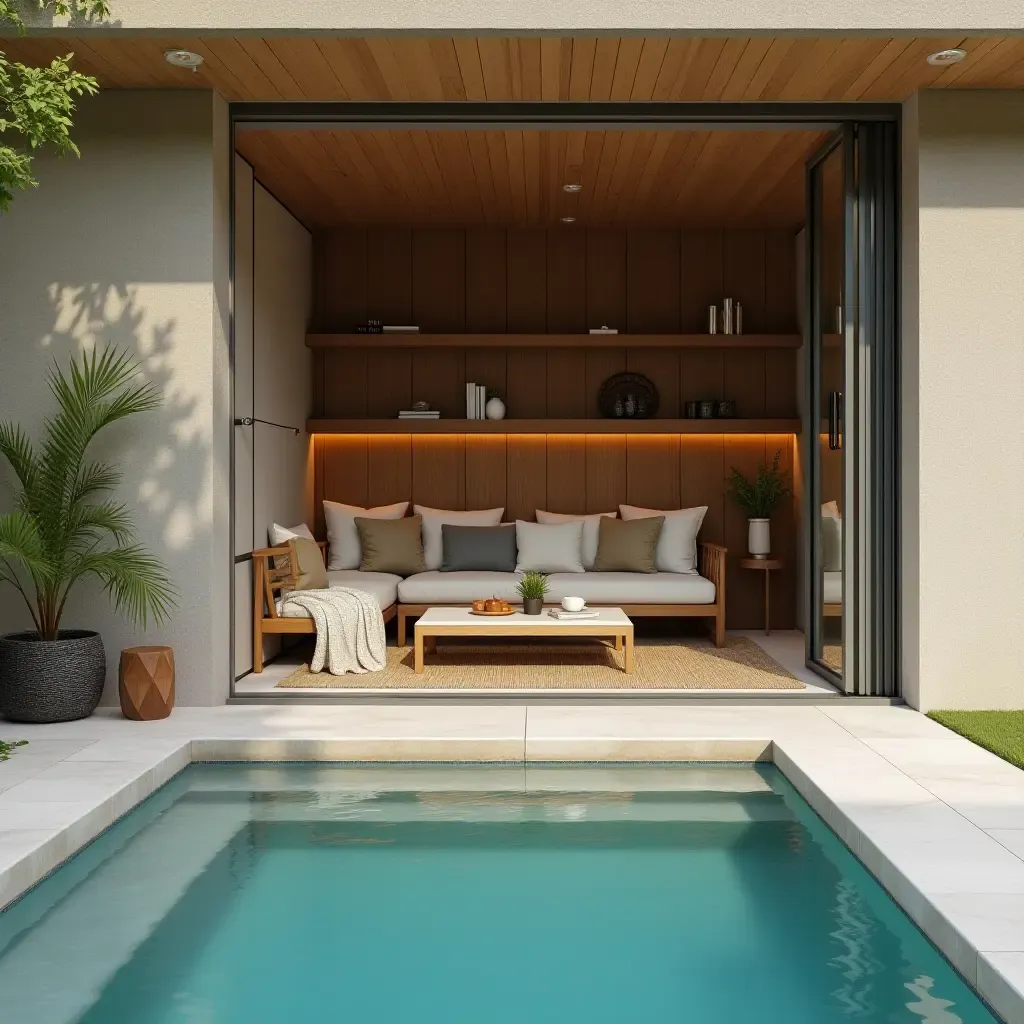 a photo of a cozy poolside nook with clever storage options