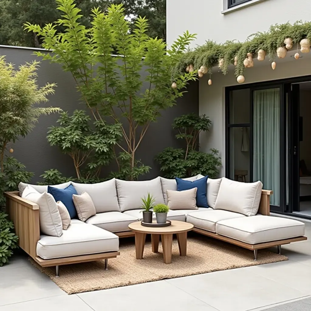 a photo of a chic outdoor space featuring multifunctional storage