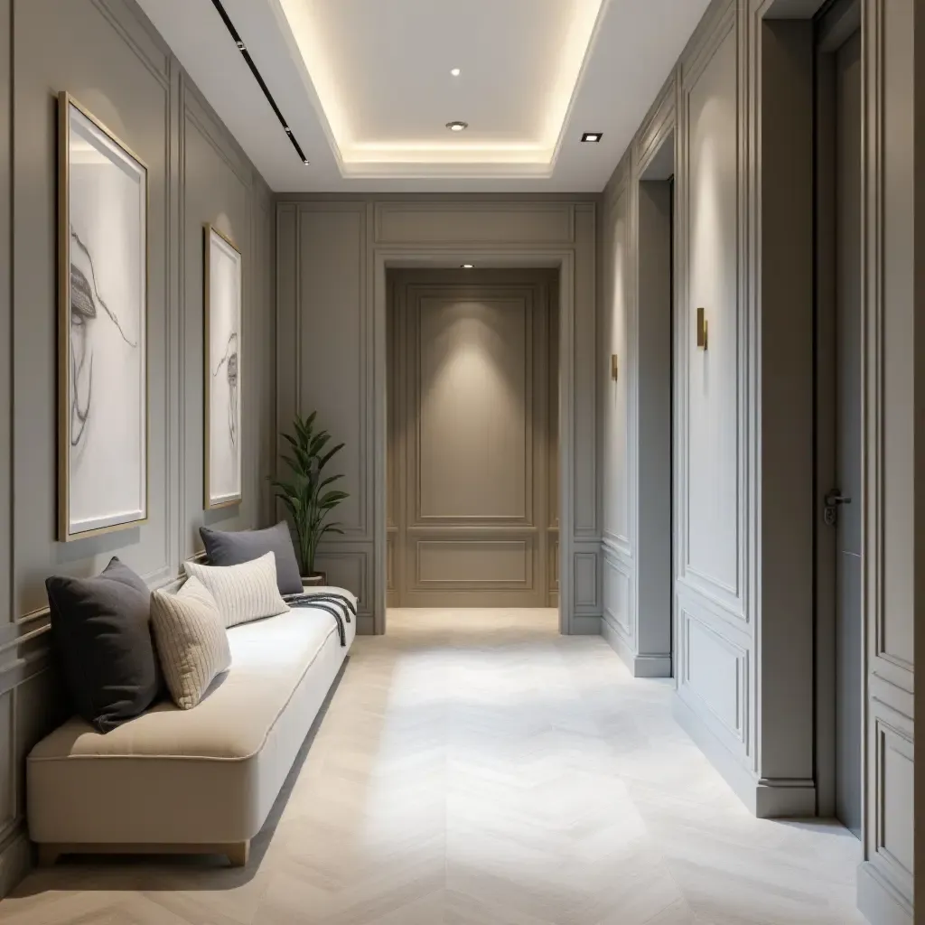 a photo of a sleek corridor enhanced by monochromatic throw pillows