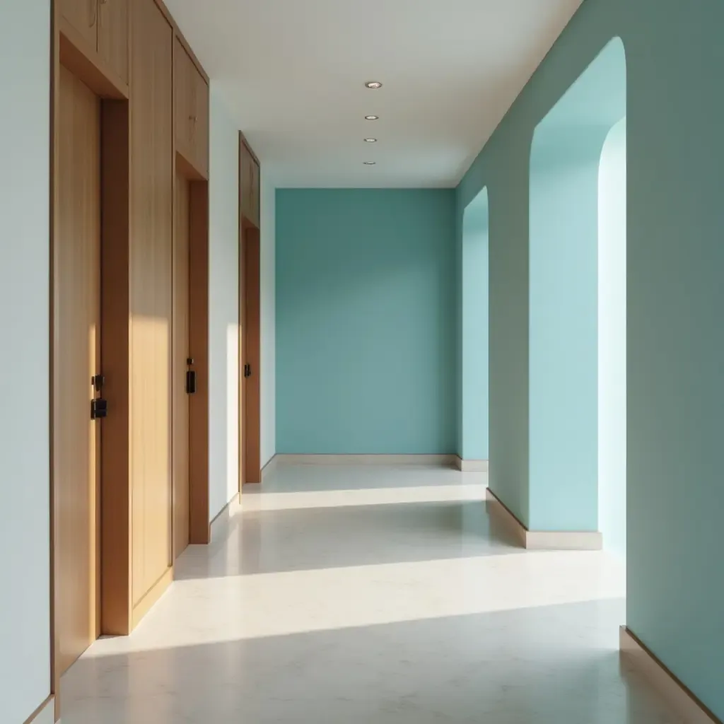 a photo of a calming sky blue and earthy brown hallway