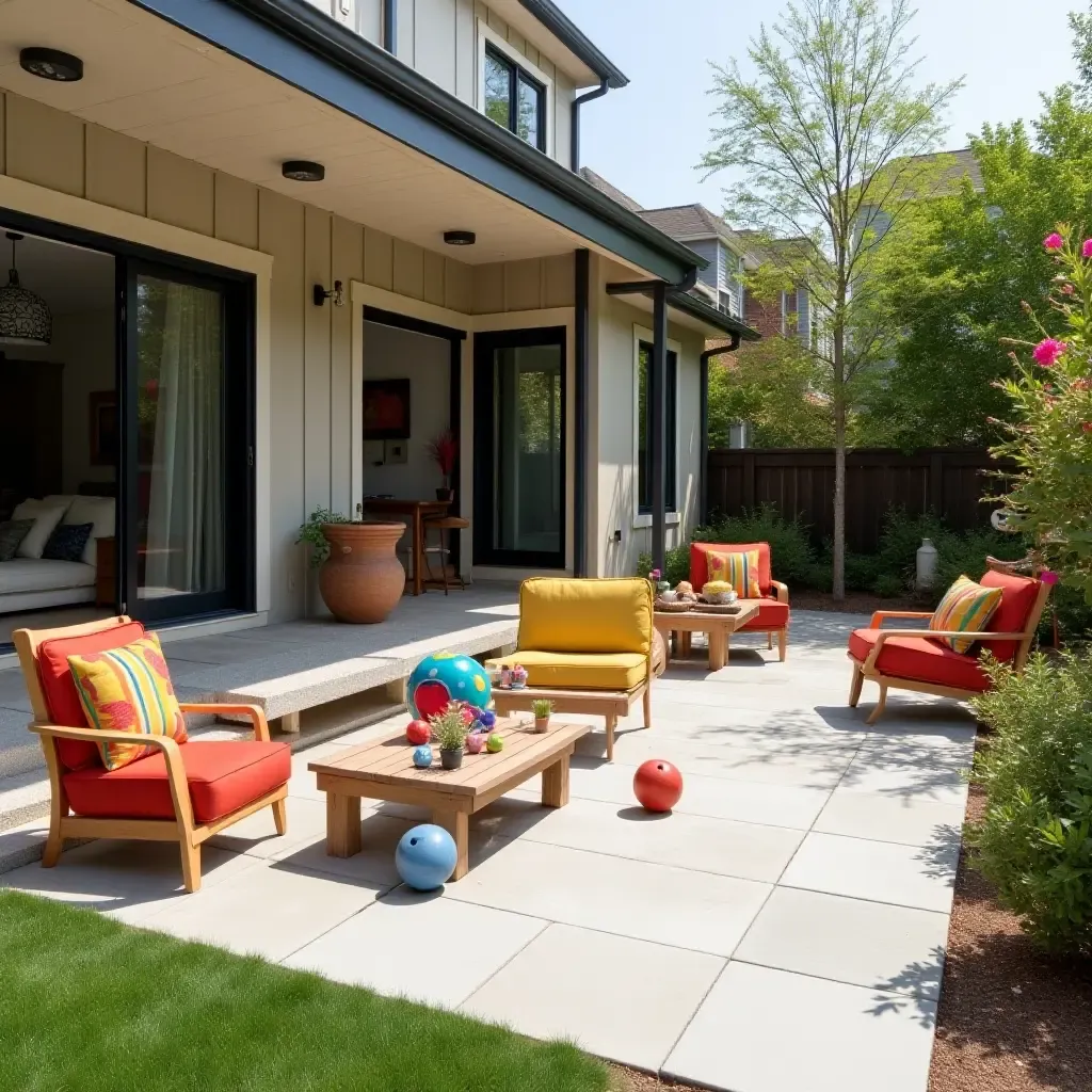 a photo of a family-friendly concrete patio with games and colorful furniture