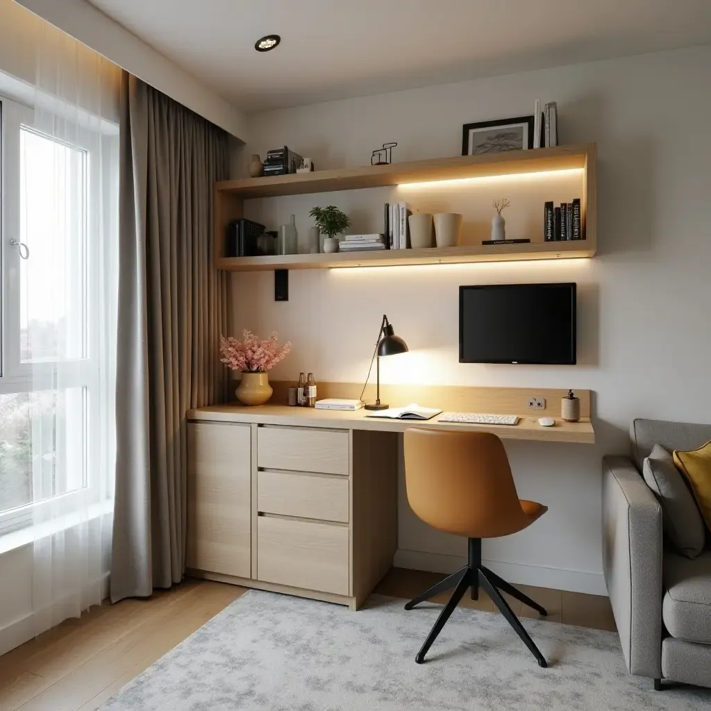 a photo of a small living room showcasing a compact desk area integrated with the seating arrangement