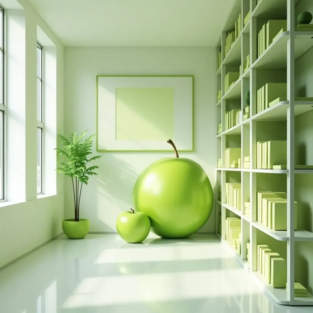 a photo of a fresh apple green and white library with modern art