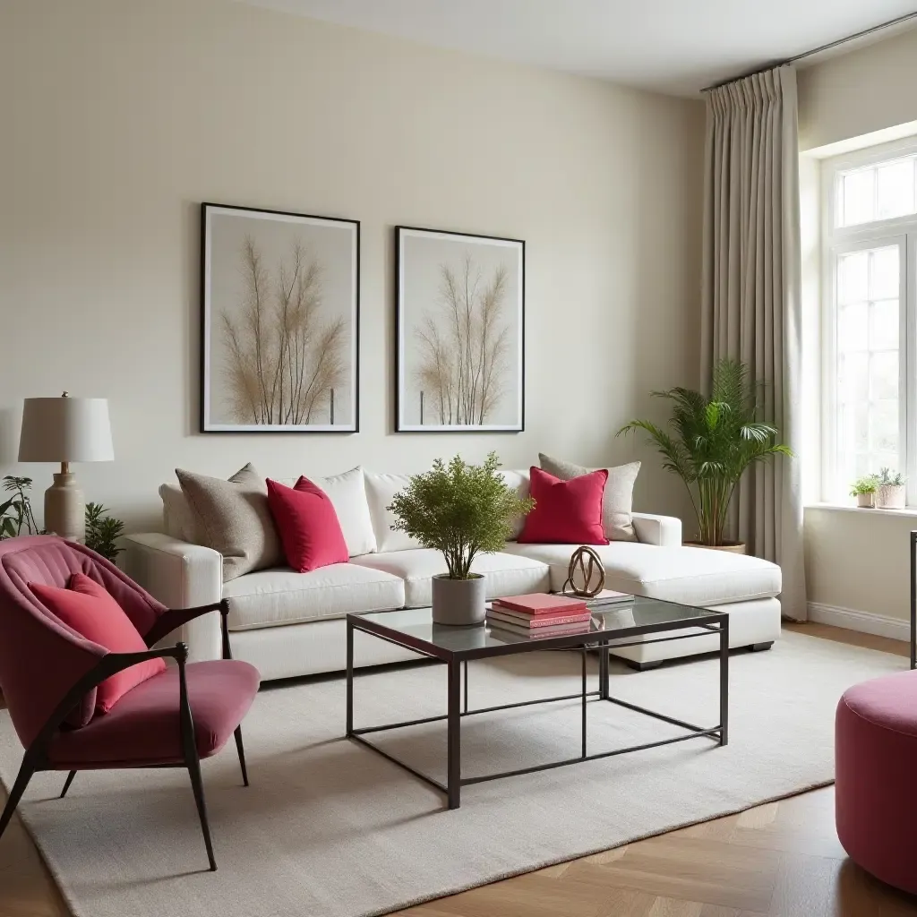 a photo of a chic living room with mirrored coffee tables and bright cushions