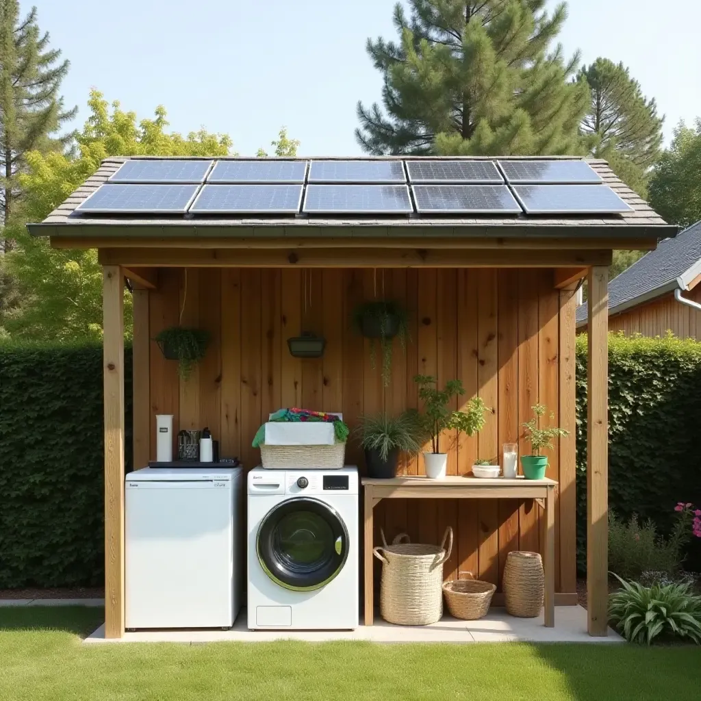 a photo of an outdoor laundry setup featuring eco-friendly appliances and solar panels