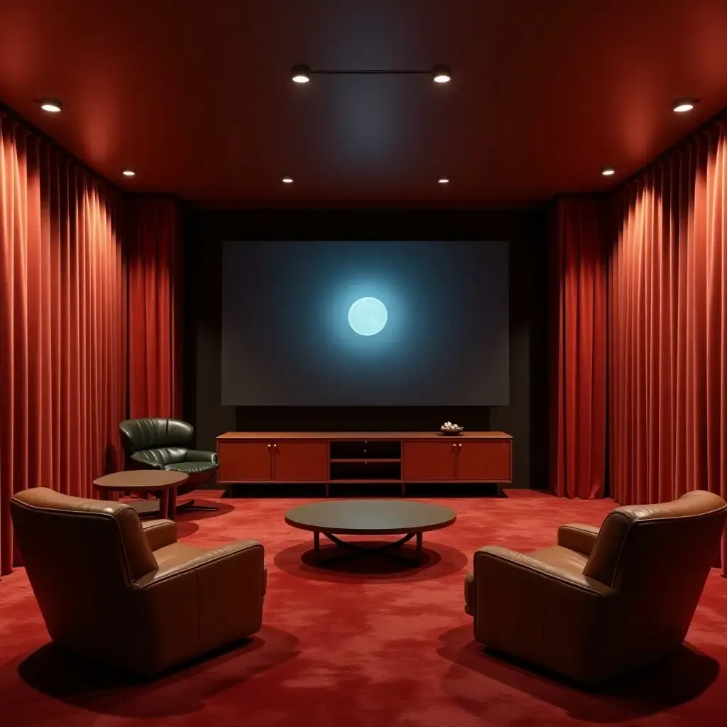 a photo of a TV room with a vintage cinema theme and retro furniture