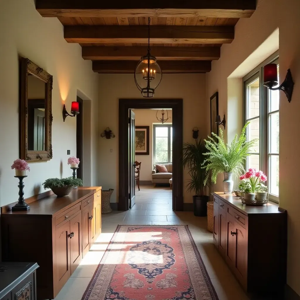 a photo of a rustic hallway with vintage decor and inviting elements