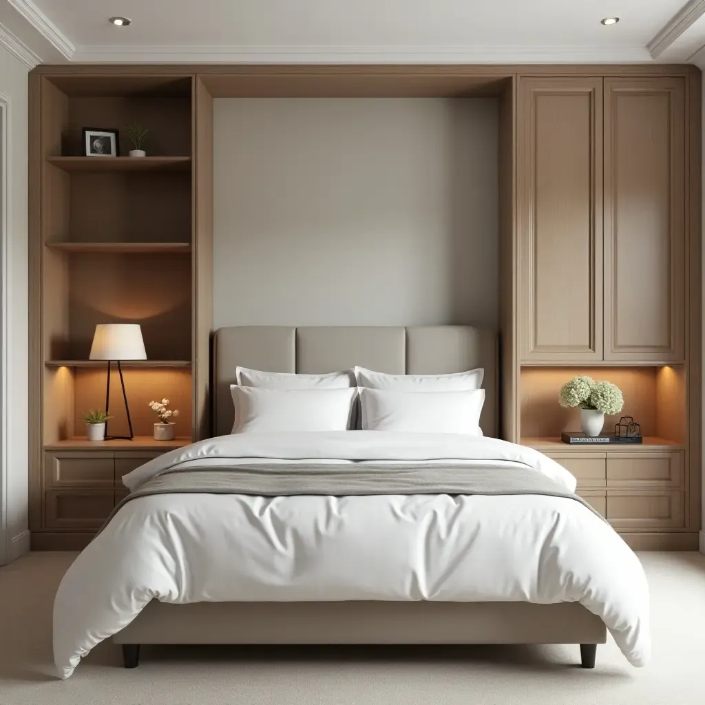 a photo of a serene bedroom featuring elegant storage solutions