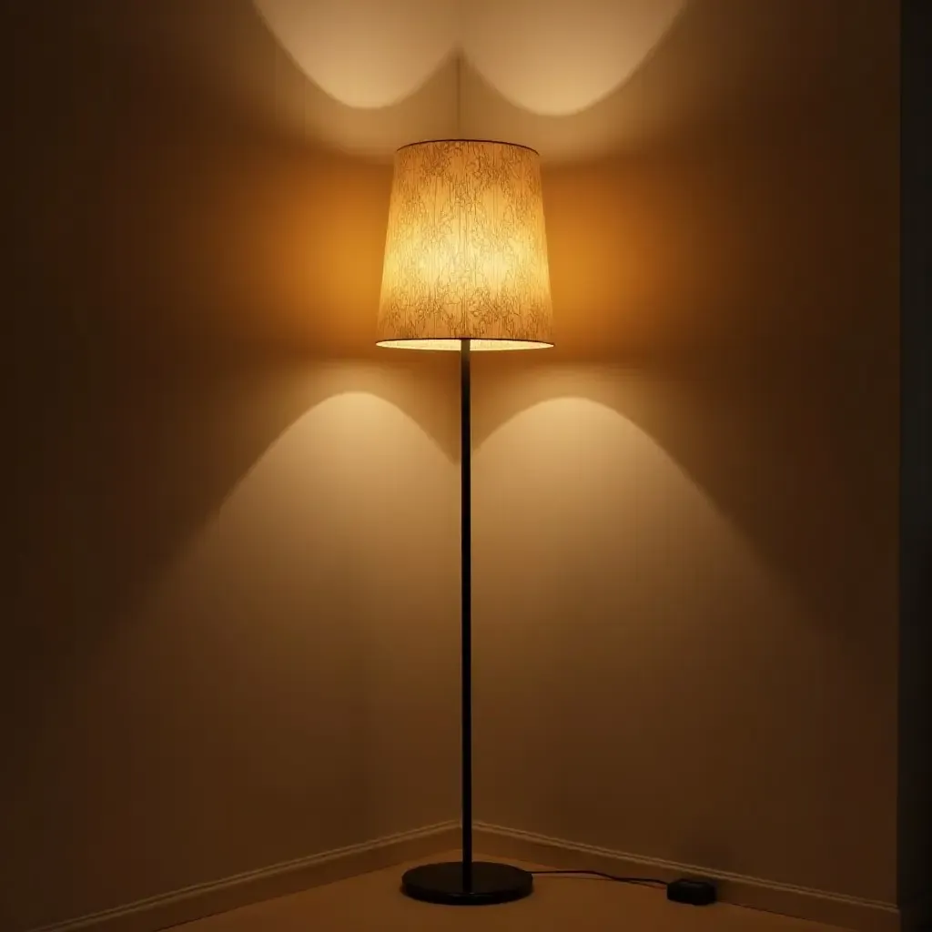 a photo of a floor lamp with a bohemian shade illuminating a corner