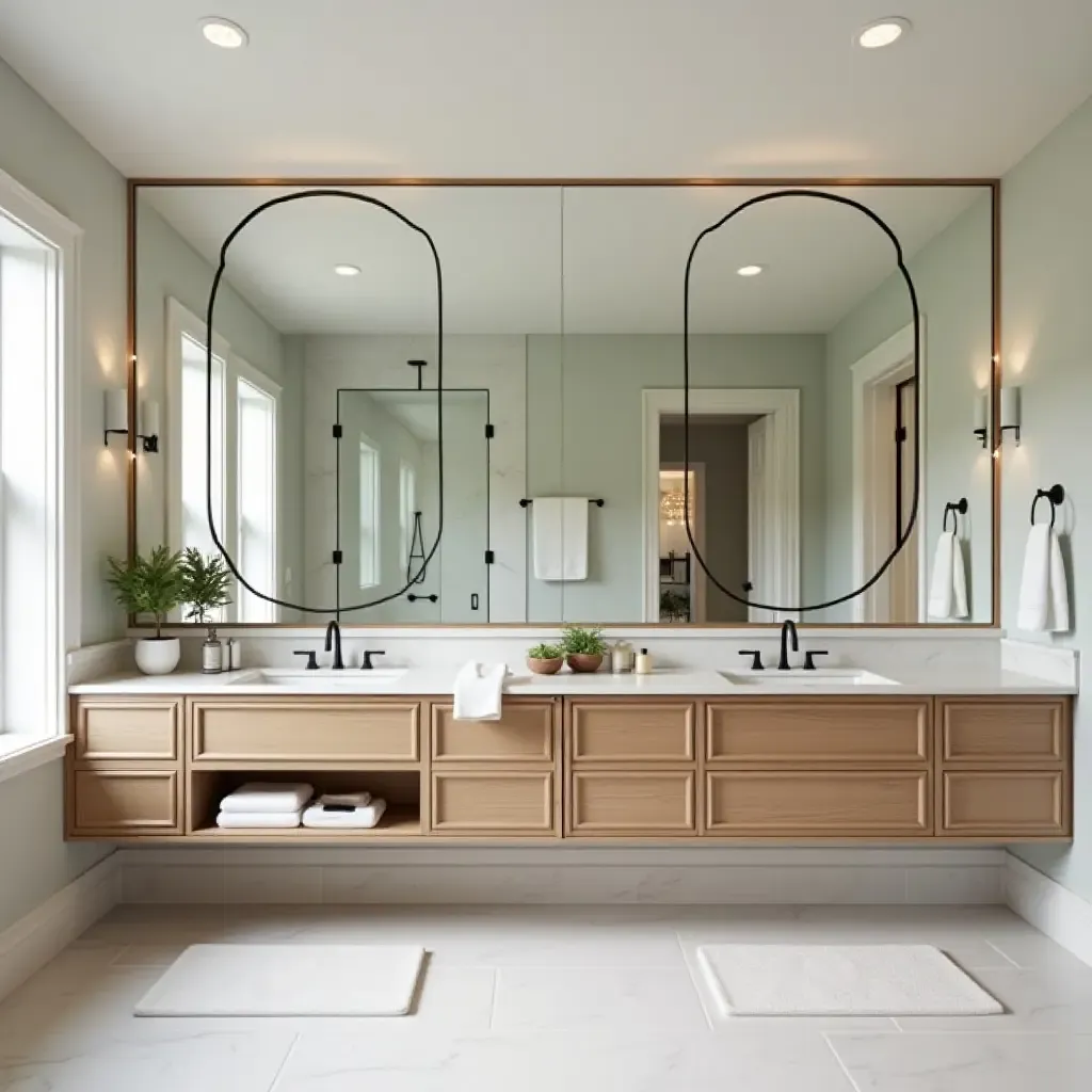 a photo of a bathroom with a double vanity and extensive mirror setup