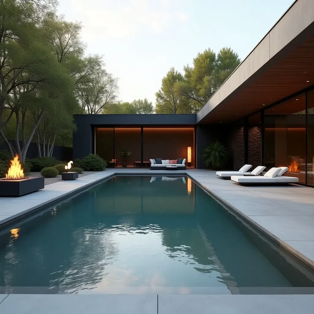 a photo of a minimalist pool area with a fire pit and comfortable seating