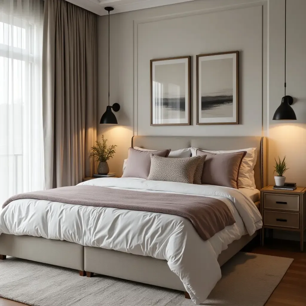 a photo of a chic bedroom featuring a stylish bed and decorative pillows