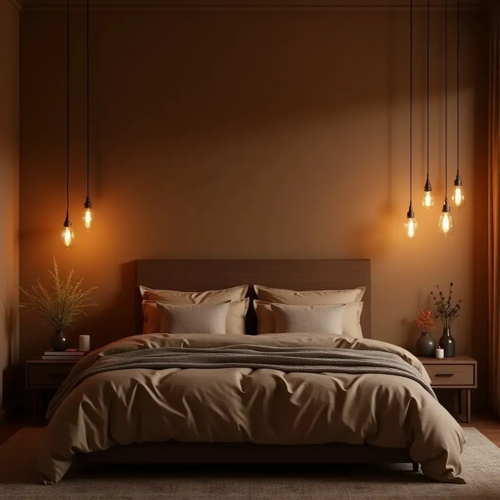 a photo of a cozy bedroom featuring vintage pendant lights in warm tones