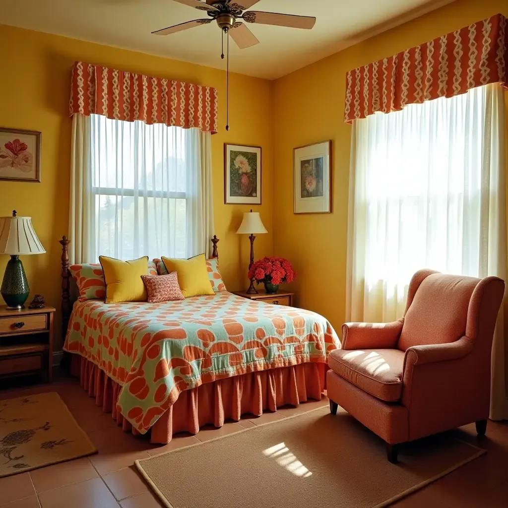 a photo of a retro-themed bedroom with vintage furniture and bold patterns