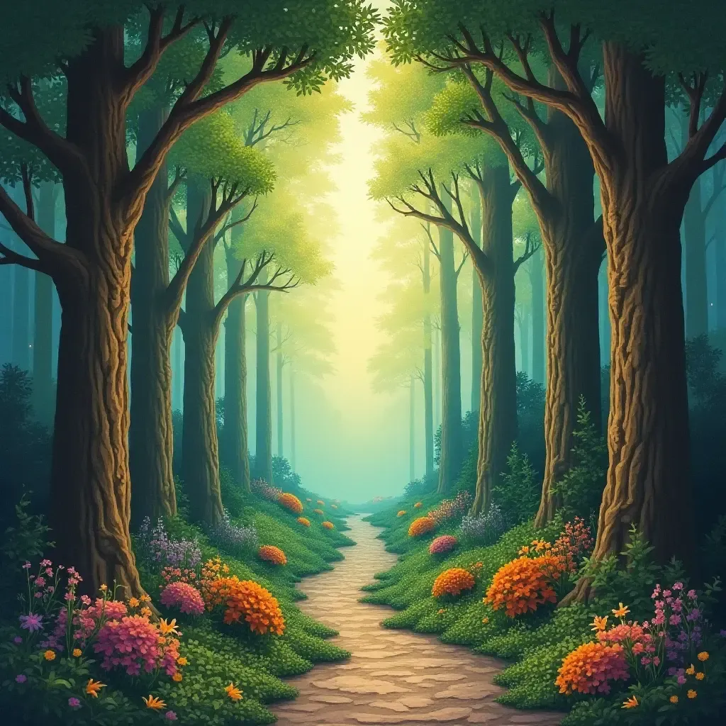 a photo of a dreamy mural depicting a forest scene