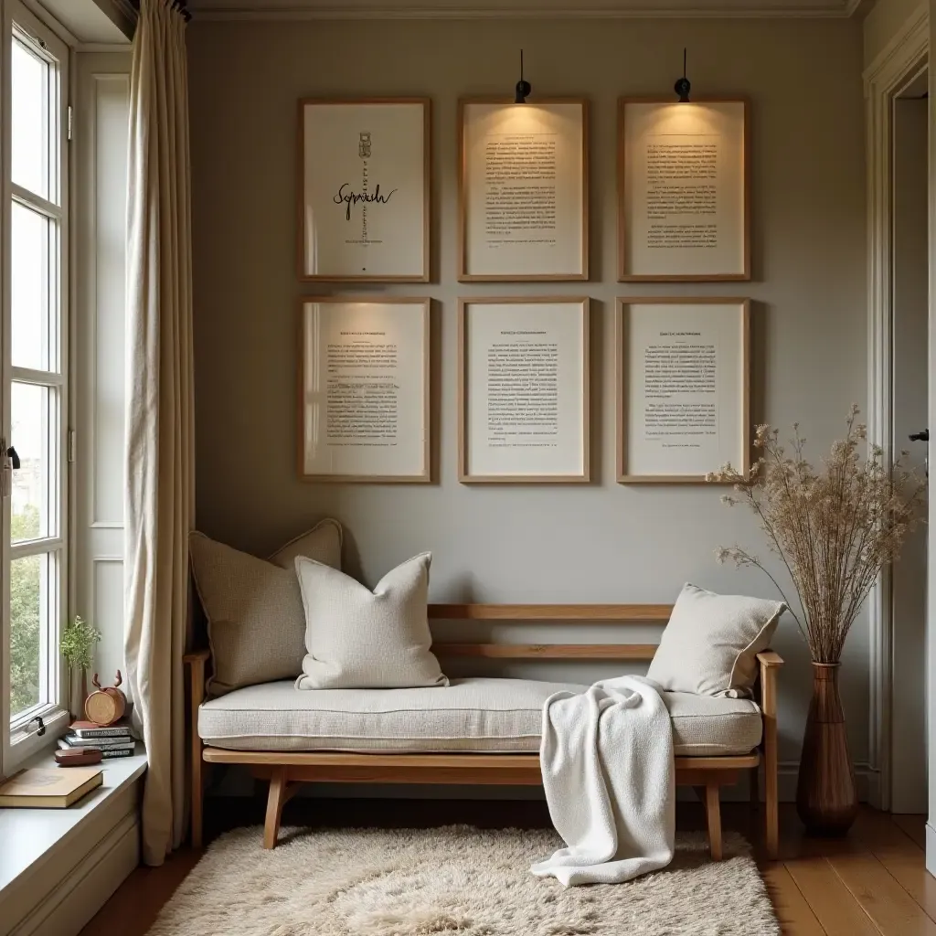 a photo of a cozy reading nook with framed book pages on the wall