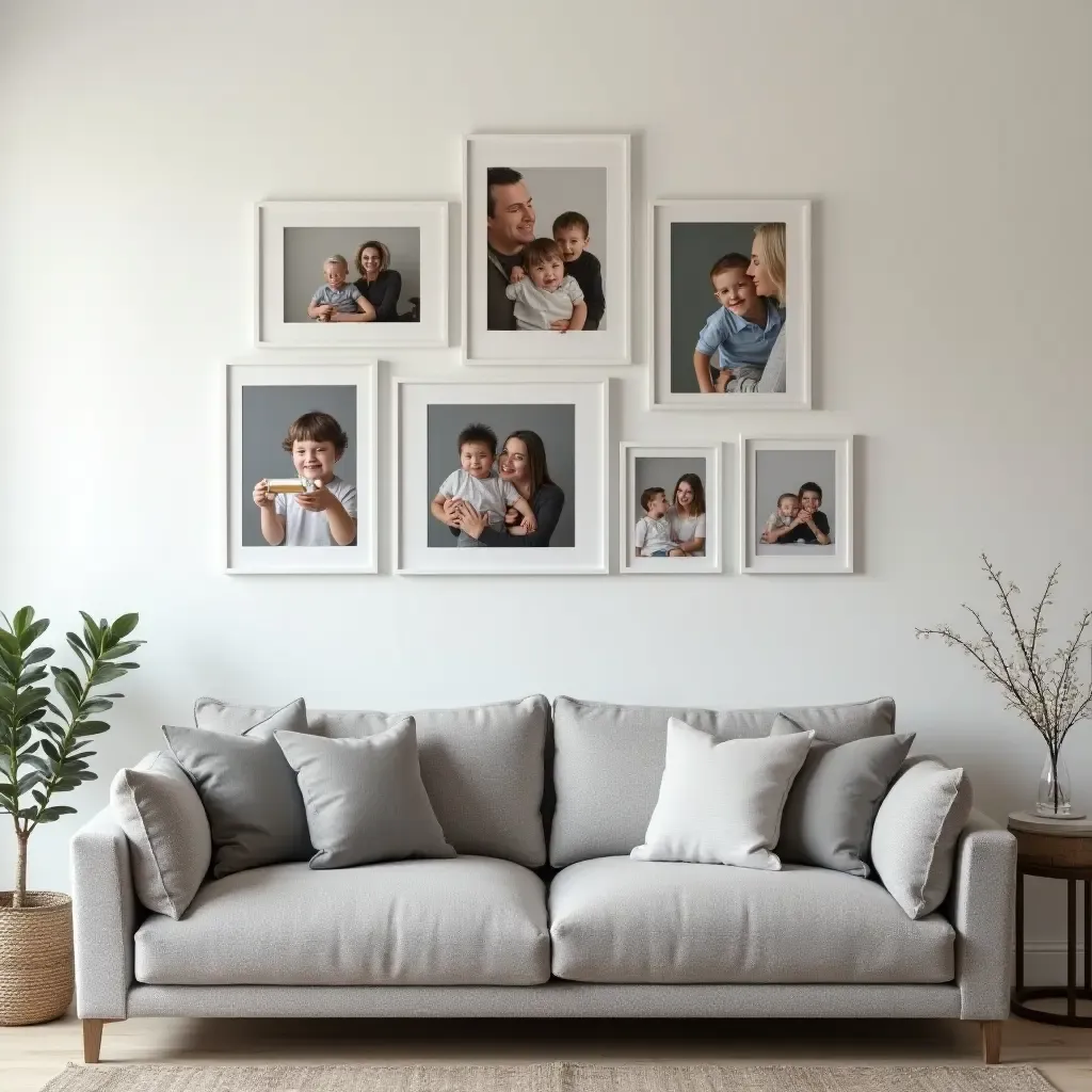 a photo of a grey sofa with a chic gallery-style display of family photos