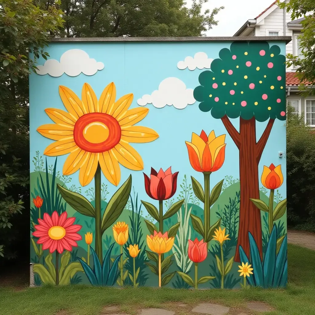 a photo of a playful garden wall with colorful murals