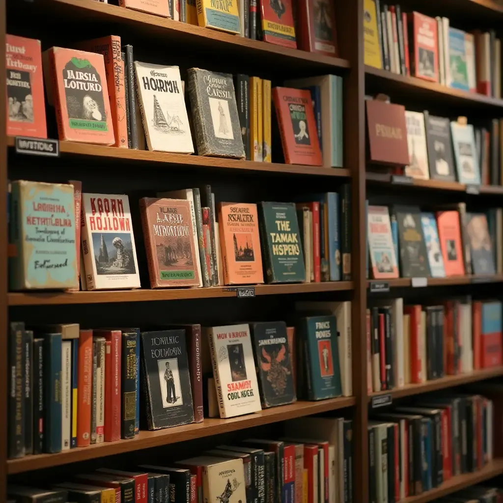 a photo of a collection of vintage book covers displayed in a library