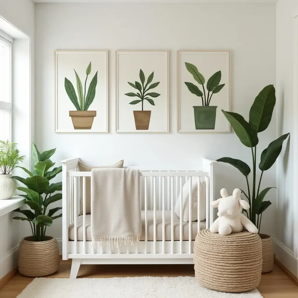 a photo of a nursery decorated with plant-themed wall art and greenery